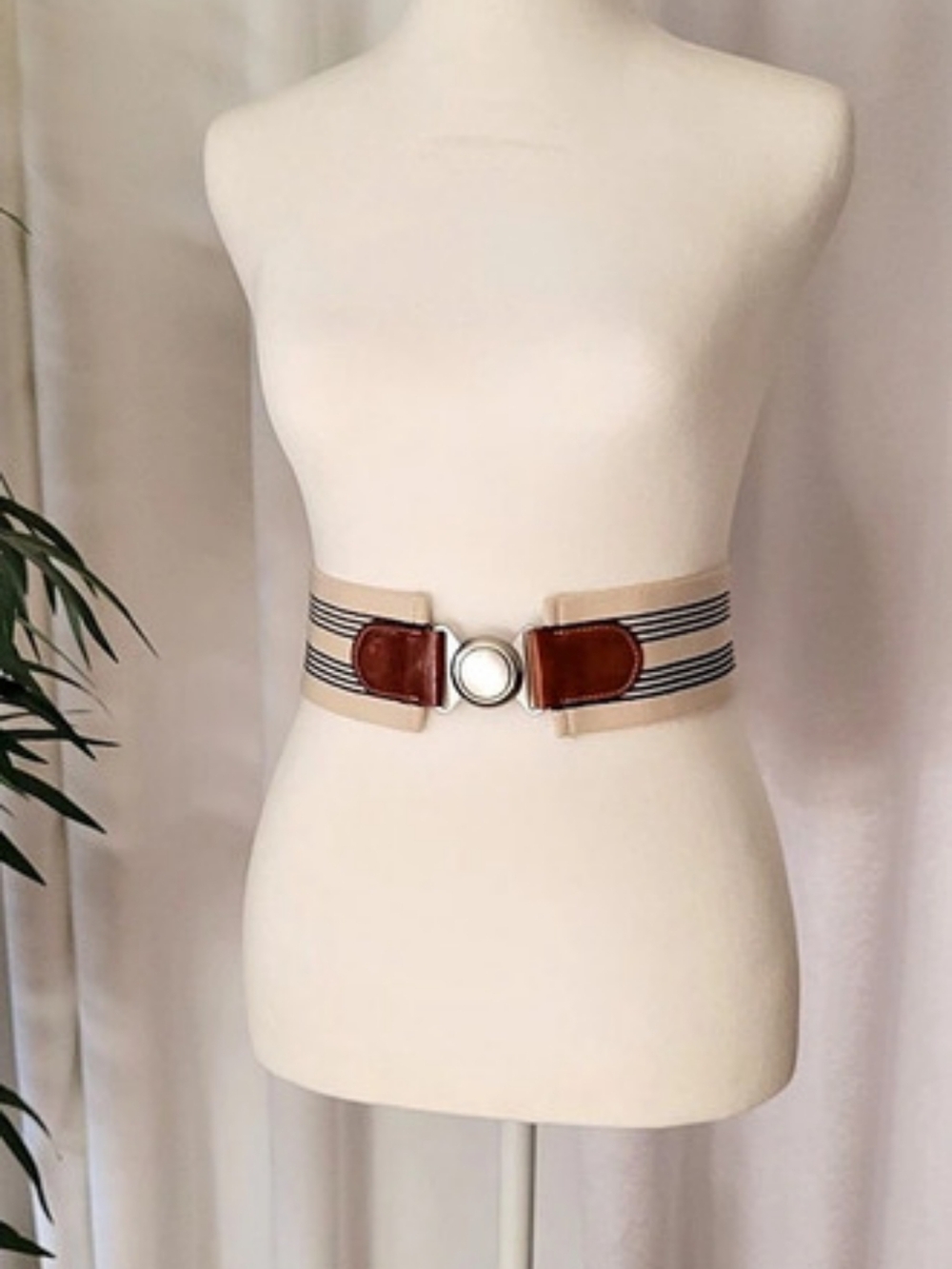 Striped Web Belt in Cream & Brown Like New